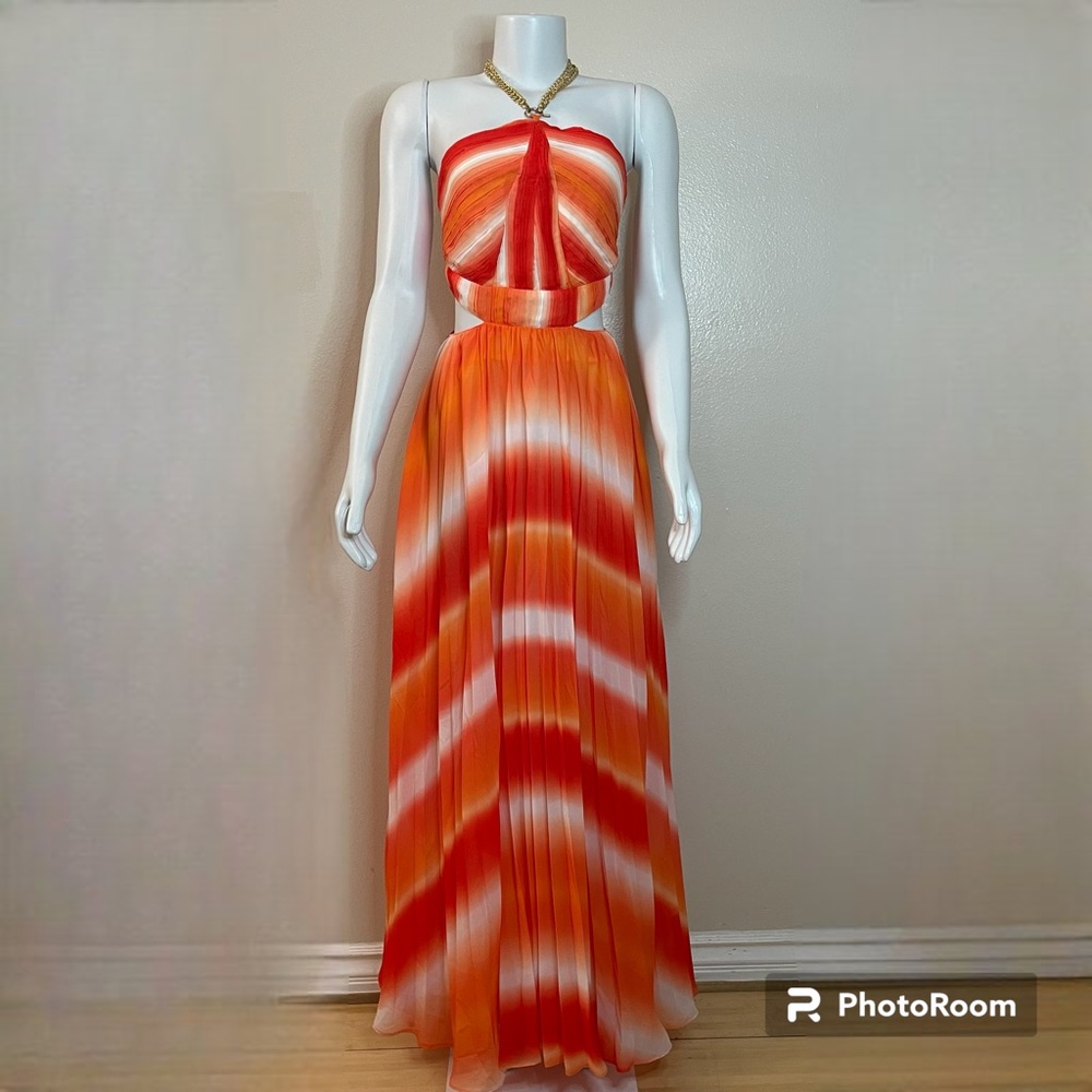 White orange tie dye chained cutout accordion pleated maxi dress